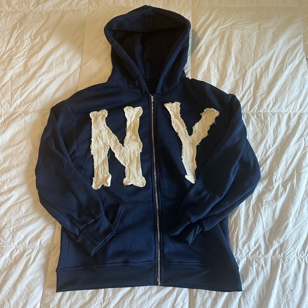 NY Print Zip-Up Hoodie - Navy/Blue